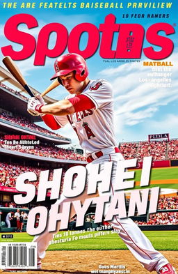 A captivating sports magazine cover featuring Shohei Ohtani, the famous Japanese baseball player, showcasing him in action at a baseball diamond