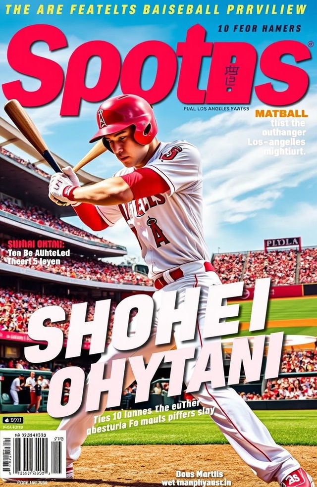 A captivating sports magazine cover featuring Shohei Ohtani, the famous Japanese baseball player, showcasing him in action at a baseball diamond