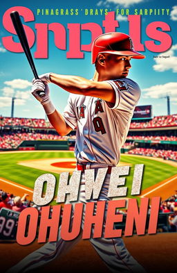 A captivating sports magazine cover featuring Shohei Ohtani, the famous Japanese baseball player, showcasing him in action at a baseball diamond