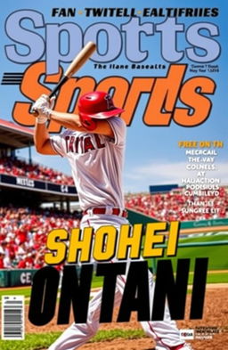 A captivating sports magazine cover featuring Shohei Ohtani, the famous Japanese baseball player, showcasing him in action at a baseball diamond