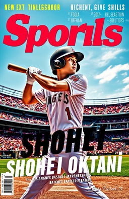 A captivating sports magazine cover featuring Shohei Ohtani, the famous Japanese baseball player, showcasing him in action at a baseball diamond