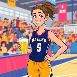 A cartoon portrayal of a female basketball player, resembling Caitlin Clark, casually holding a beer while dressed in her team's sports uniform