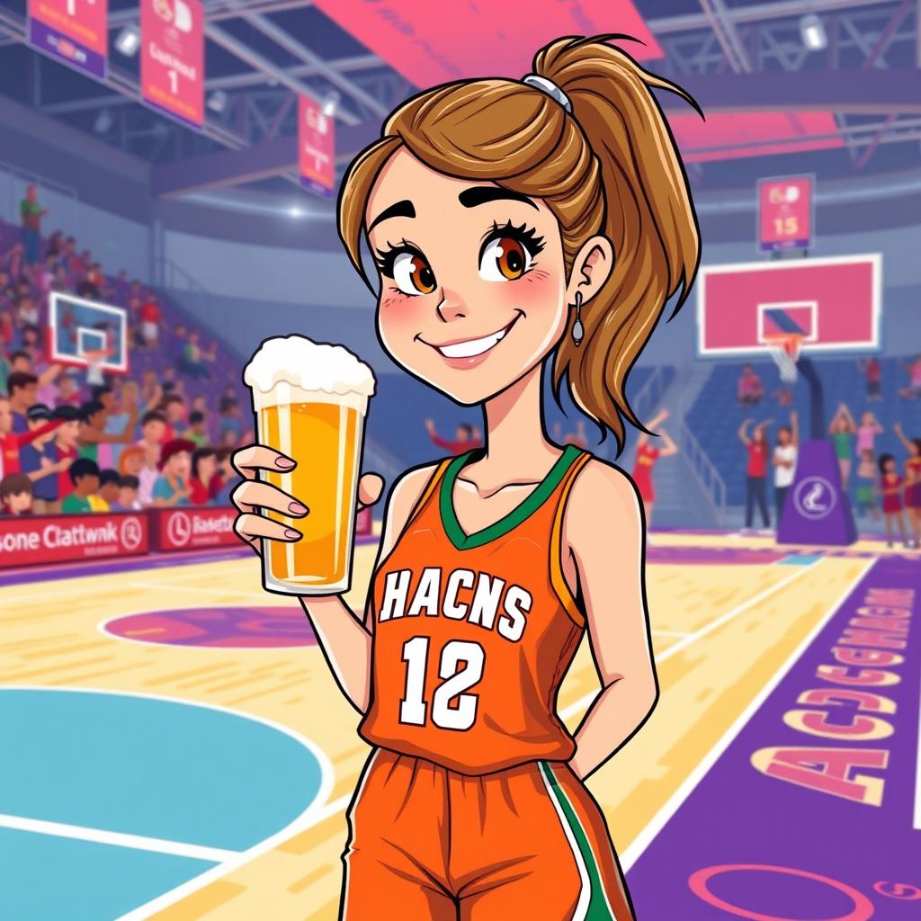 A cartoon portrayal of a female basketball player, resembling Caitlin Clark, casually holding a beer while dressed in her team's sports uniform