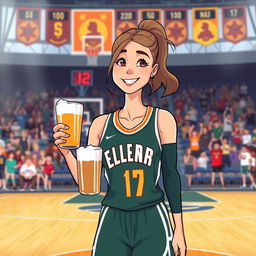 A cartoon portrayal of a female basketball player, resembling Caitlin Clark, casually holding a beer while dressed in her team's sports uniform