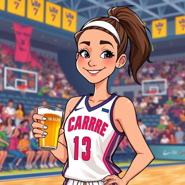 A cartoon portrayal of a female basketball player, resembling Caitlin Clark, casually holding a beer while dressed in her team's sports uniform