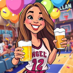 A vibrant and colorful cartoon illustration of a female basketball player resembling Angel Reece, smiling while holding a frosty beer in one hand
