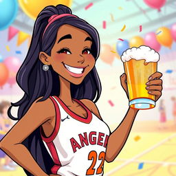 A vibrant and colorful cartoon illustration of a female basketball player resembling Angel Reece, smiling while holding a frosty beer in one hand