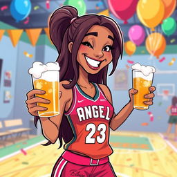 A vibrant and colorful cartoon illustration of a female basketball player resembling Angel Reece, smiling while holding a frosty beer in one hand