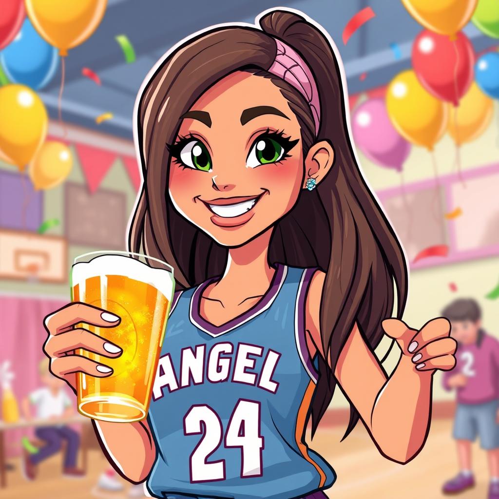 A vibrant and colorful cartoon illustration of a female basketball player resembling Angel Reece, smiling while holding a frosty beer in one hand