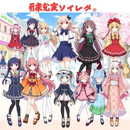 A dynamic and colorful illustration showcasing various types of anime girl clothing, featuring a diverse range of outfits that represent different character styles and aesthetics