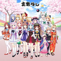 A dynamic and colorful illustration showcasing various types of anime girl clothing, featuring a diverse range of outfits that represent different character styles and aesthetics