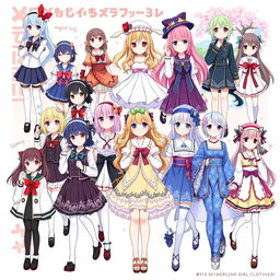 A dynamic and colorful illustration showcasing various types of anime girl clothing, featuring a diverse range of outfits that represent different character styles and aesthetics