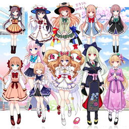 A dynamic and colorful illustration showcasing various types of anime girl clothing, featuring a diverse range of outfits that represent different character styles and aesthetics
