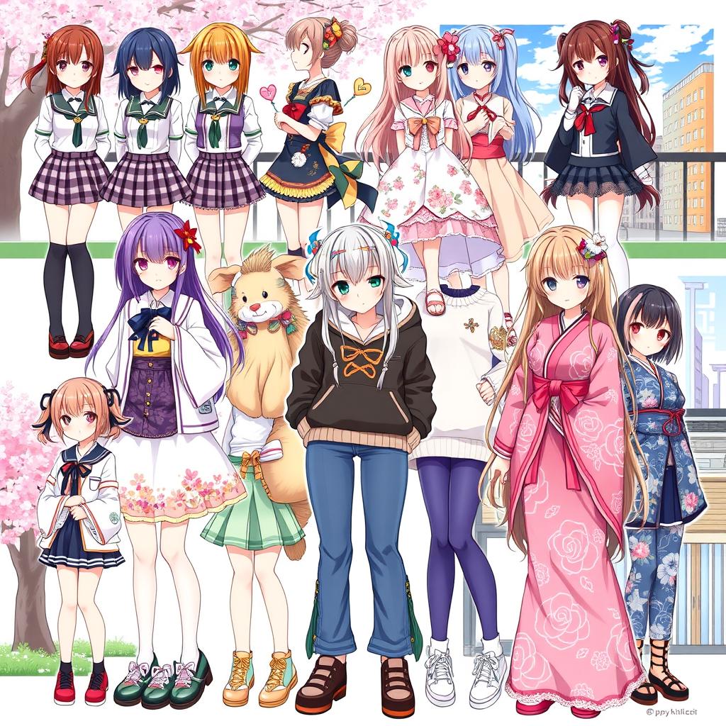 A vibrant and intricate illustration showcasing various types of anime girl clothing, featuring a diverse selection of outfits that represent different styles and themes