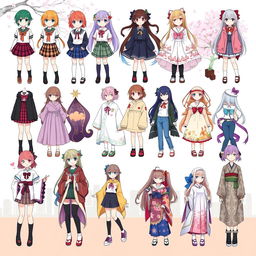 A vibrant and intricate illustration showcasing various types of anime girl clothing, featuring a diverse selection of outfits that represent different styles and themes