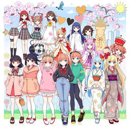 A vibrant and intricate illustration showcasing various types of anime girl clothing, featuring a diverse selection of outfits that represent different styles and themes