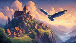 Studio Ghibli style wallpaper featuring a majestic owl flying over a twilight landscape with a quaint village.