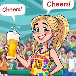 A cartoon representation of a female athlete inspired by Caitlin Clark, depicted with an enthusiastic expression, holding a frosty beer in one hand