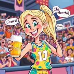A cartoon representation of a female athlete inspired by Caitlin Clark, depicted with an enthusiastic expression, holding a frosty beer in one hand