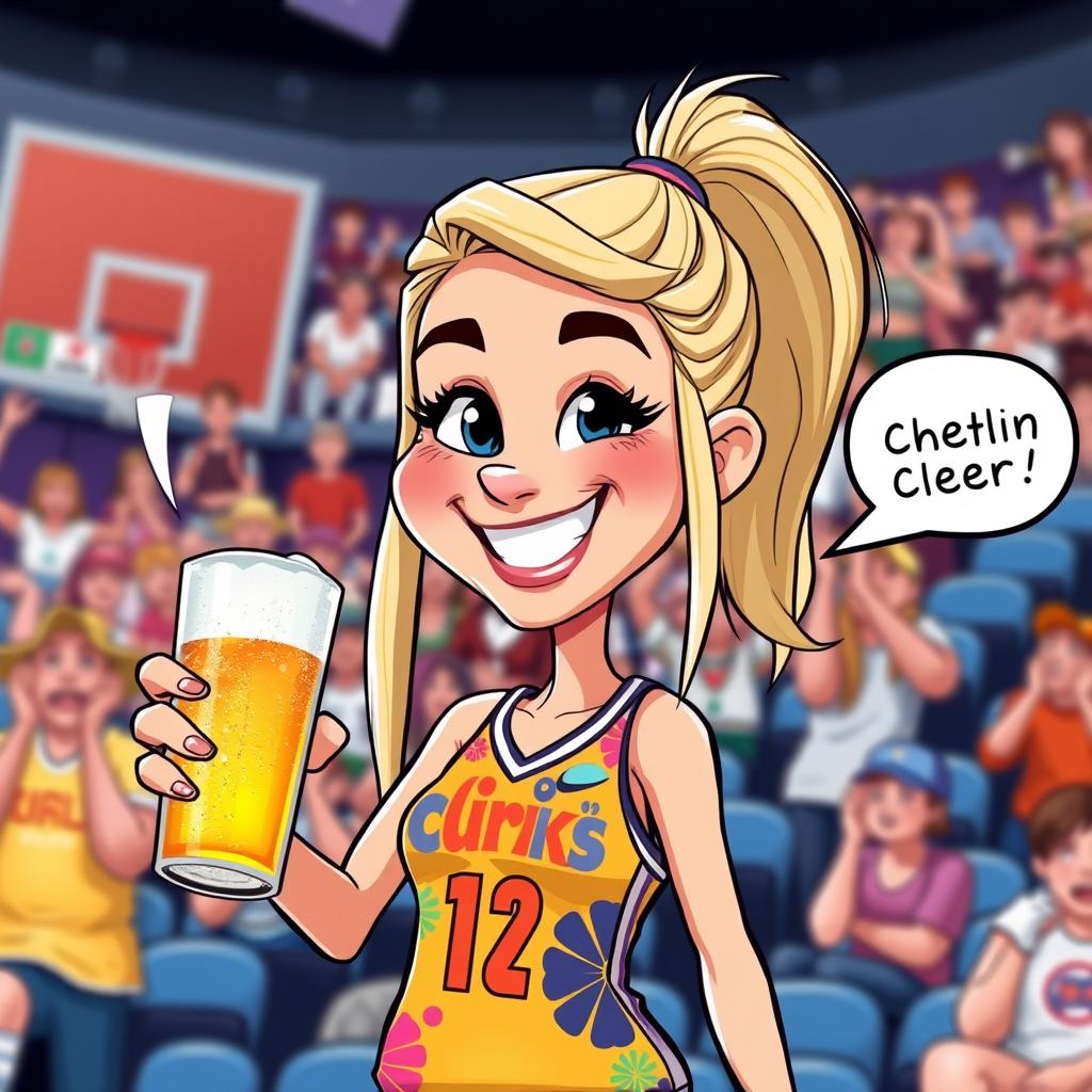 A cartoon representation of a female athlete inspired by Caitlin Clark, depicted with an enthusiastic expression, holding a frosty beer in one hand