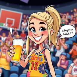 A cartoon representation of a female athlete inspired by Caitlin Clark, depicted with an enthusiastic expression, holding a frosty beer in one hand