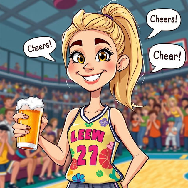 A cartoon representation of a female athlete inspired by Caitlin Clark, depicted with an enthusiastic expression, holding a frosty beer in one hand