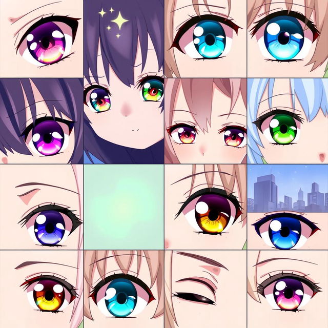 A captivating and detailed illustration showcasing various types of anime girl eyes, featuring a diverse range of eye shapes, colors, and styles that reflect different emotions and characters