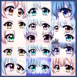 A captivating and detailed illustration showcasing various types of anime girl eyes, featuring a diverse range of eye shapes, colors, and styles that reflect different emotions and characters