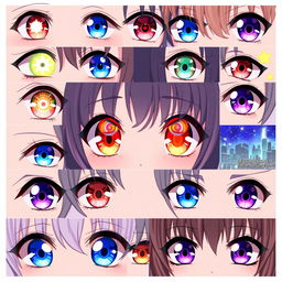 A captivating and detailed illustration showcasing various types of anime girl eyes, featuring a diverse range of eye shapes, colors, and styles that reflect different emotions and characters