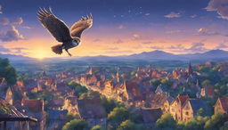 Studio Ghibli style wallpaper featuring a majestic owl flying over a twilight landscape with a quaint village.