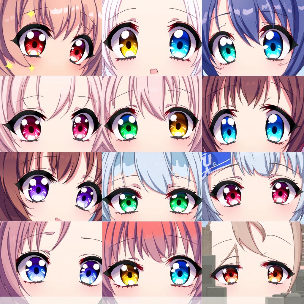 A captivating and detailed illustration showcasing various types of anime girl eyes, featuring a diverse range of eye shapes, colors, and styles that reflect different emotions and characters