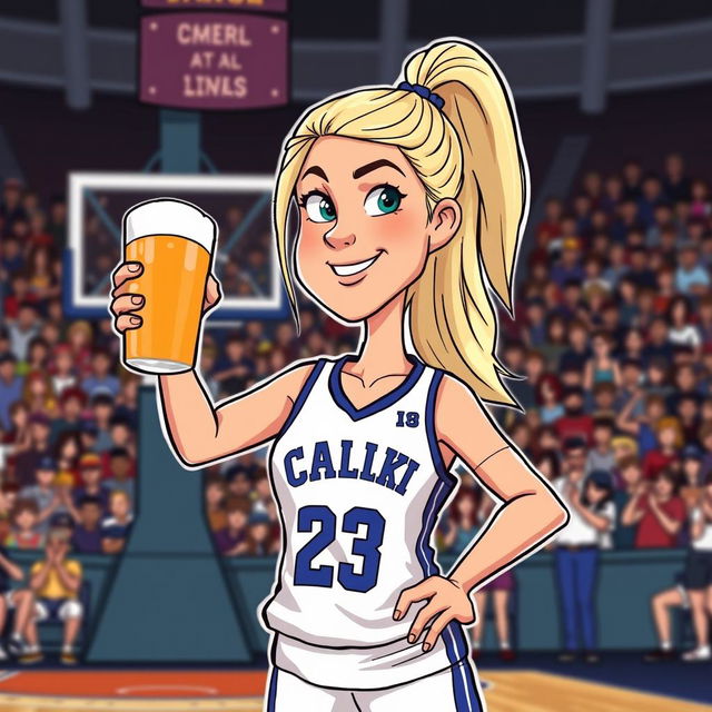 A cartoon illustration of a female basketball player resembling Caitlin Clark, holding a beer and wearing a jersey with the number 23 prominently displayed