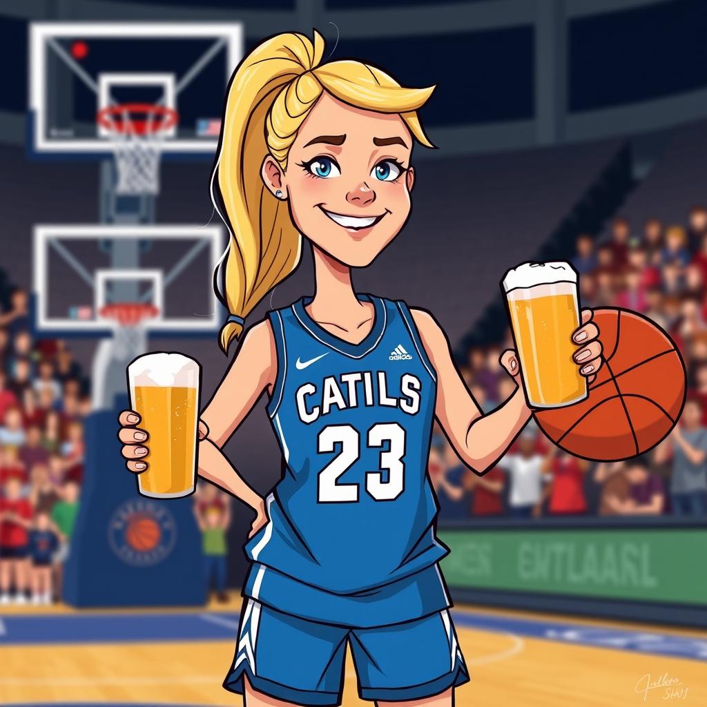 A cartoon illustration of a female basketball player resembling Caitlin Clark, holding a beer and wearing a jersey with the number 23 prominently displayed