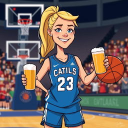 A cartoon illustration of a female basketball player resembling Caitlin Clark, holding a beer and wearing a jersey with the number 23 prominently displayed