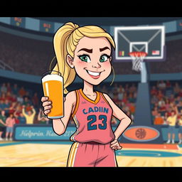 A cartoon illustration of a female basketball player resembling Caitlin Clark, holding a beer and wearing a jersey with the number 23 prominently displayed