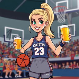 A cartoon illustration of a female basketball player resembling Caitlin Clark, holding a beer and wearing a jersey with the number 23 prominently displayed