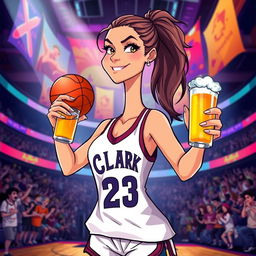 A cartoon illustration of a confident woman playing basketball