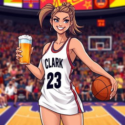A cartoon illustration of a confident woman playing basketball