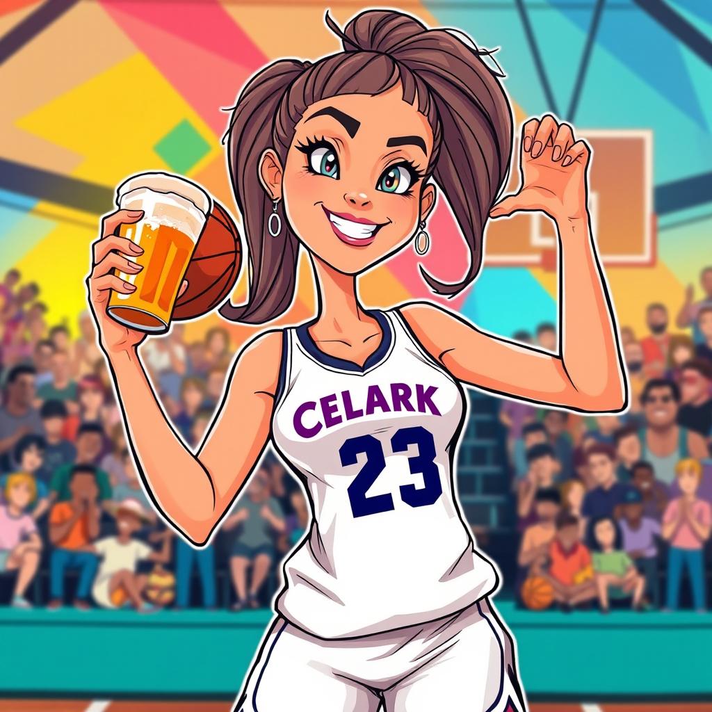 A cartoon illustration of a confident woman playing basketball