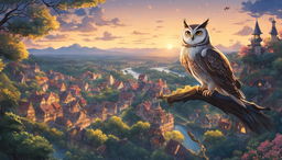 Studio Ghibli style wallpaper featuring a majestic owl flying over a twilight landscape with a quaint village.