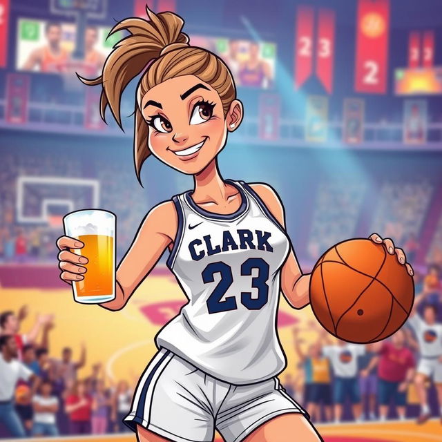 A cartoon illustration of a confident woman playing basketball