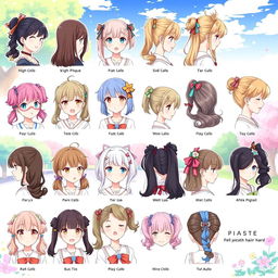 A lively and detailed illustration showcasing various types of anime girl hairstyles, specifically focusing on different pigtail styles