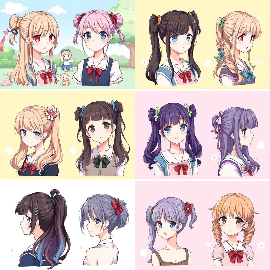 A lively and detailed illustration showcasing various types of anime girl hairstyles, specifically focusing on different pigtail styles