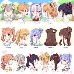 A lively and detailed illustration showcasing various types of anime girl hairstyles, specifically focusing on different pigtail styles
