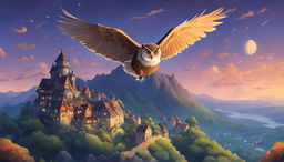 Studio Ghibli style wallpaper featuring a majestic owl flying over a twilight landscape with a quaint village.