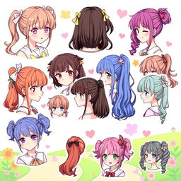 A lively and detailed illustration showcasing various types of anime girl hairstyles, specifically focusing on different pigtail styles