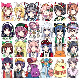 A vibrant and detailed illustration showcasing a wide variety of anime girl accessories, highlighting unique and stylish elements that enhance different characters' looks