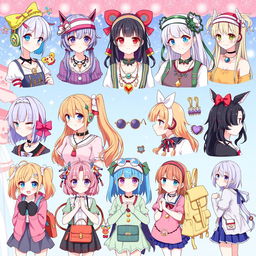 A vibrant and detailed illustration showcasing a wide variety of anime girl accessories, highlighting unique and stylish elements that enhance different characters' looks