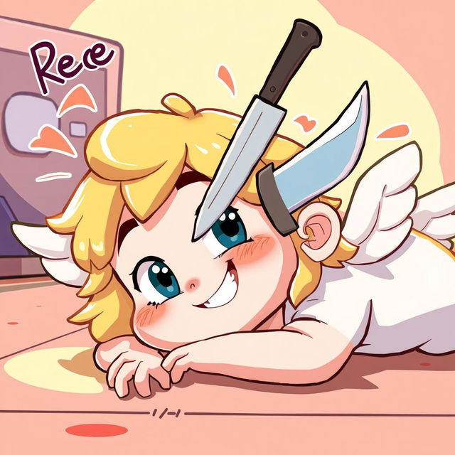 A cartoon-style illustration of a fictional character resembling an angel, named Reece, lying on the floor with a playful, exaggerated expression