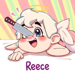 A cartoon-style illustration of a fictional character resembling an angel, named Reece, lying on the floor with a playful, exaggerated expression